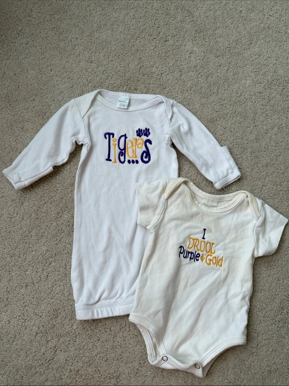 White Baby One-Piece Set with Purple & Gold LSU embroidery